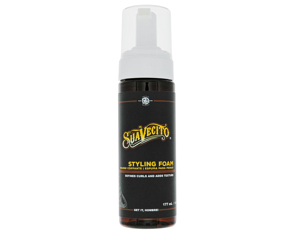 Suavecito Styling Foam Mousse bottle close-up highlighting defined curls.