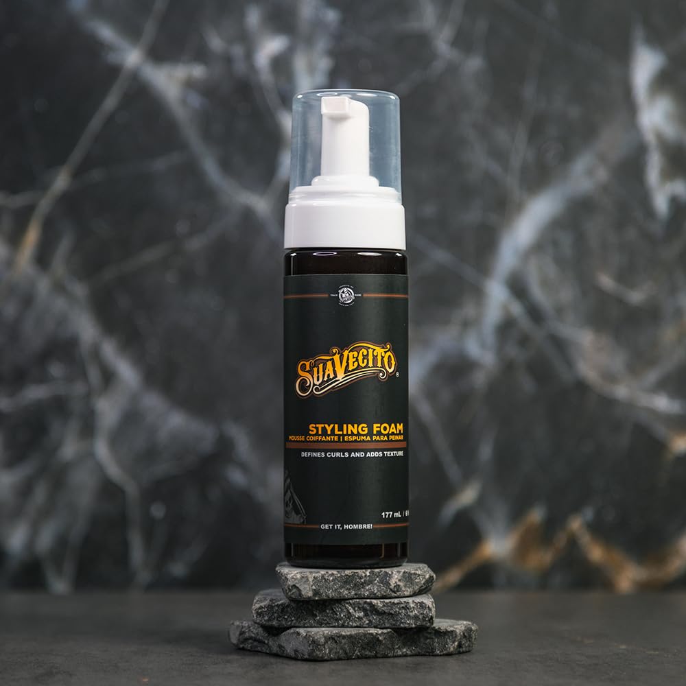 Suavecito Styling Foam Mousse ingredient badge highlights sulfate-free formula.