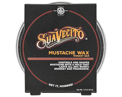 Suavecito Whiskey Bar Mustache Wax tin shows travel-ready packaging for on-the-go styling.
