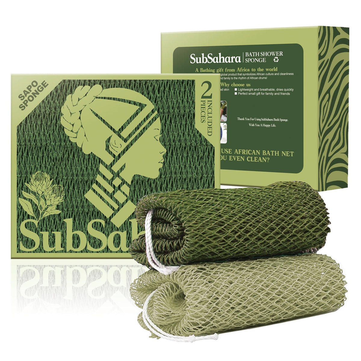 SubSahara authentic net sponge olive-green close-up showing knot pattern for gentle exfoliation