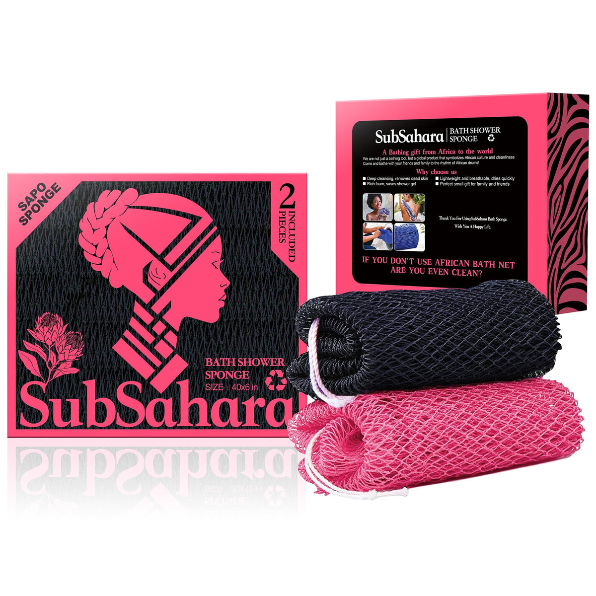 SubSahara authentic African net sponge two-pack with knotted pattern for gentle exfoliation.