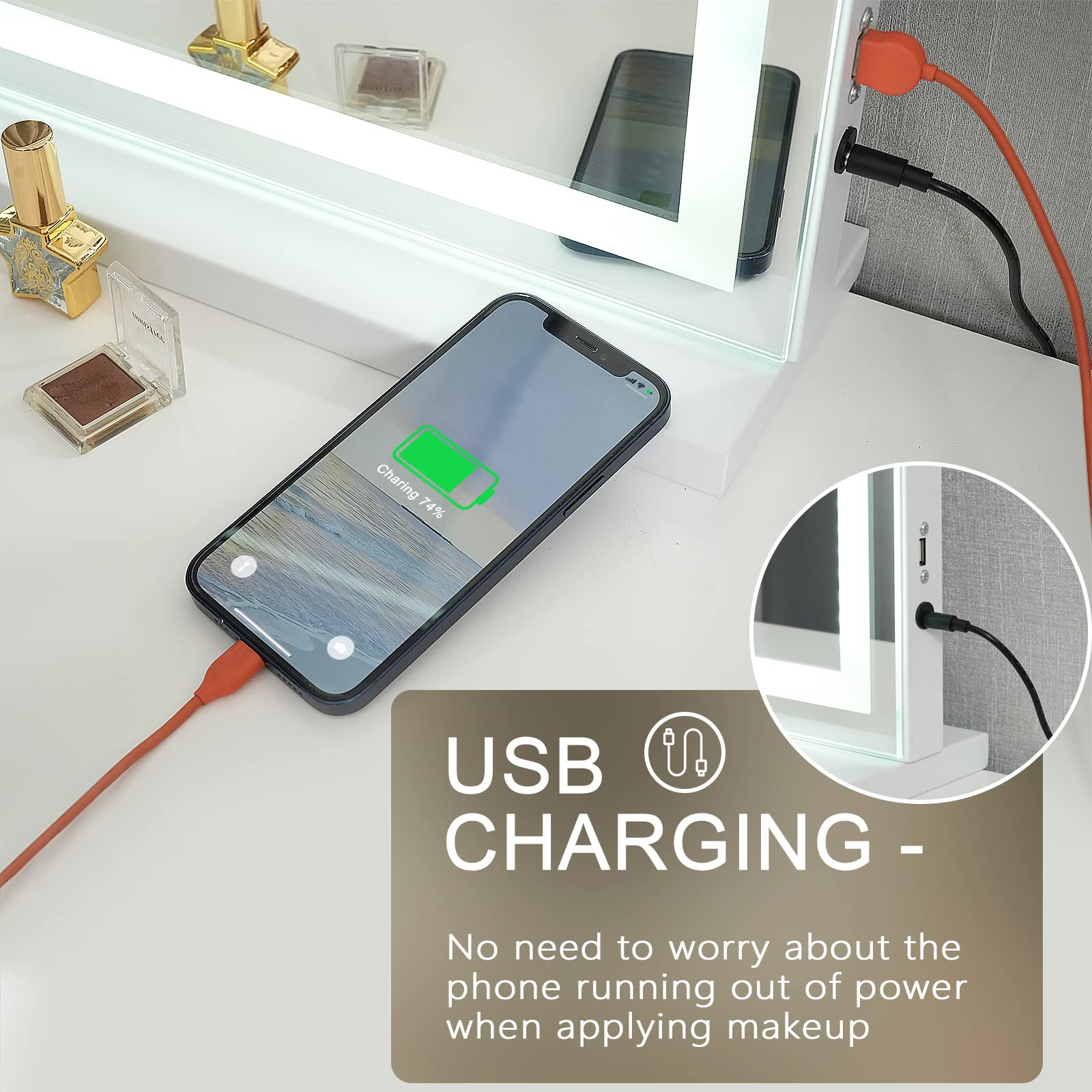 Sucedey vanity mirror USB charging port supports devices while you beautify.