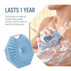 Sud Scrub in-use scene illustrates gentle cleansing during shower without irritation