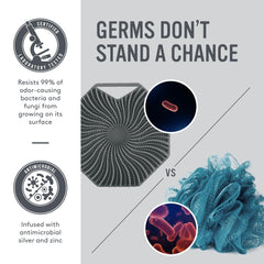Sud Scrub antimicrobial silicone body scrubber close-up fins texture aids gentle exfoliation.