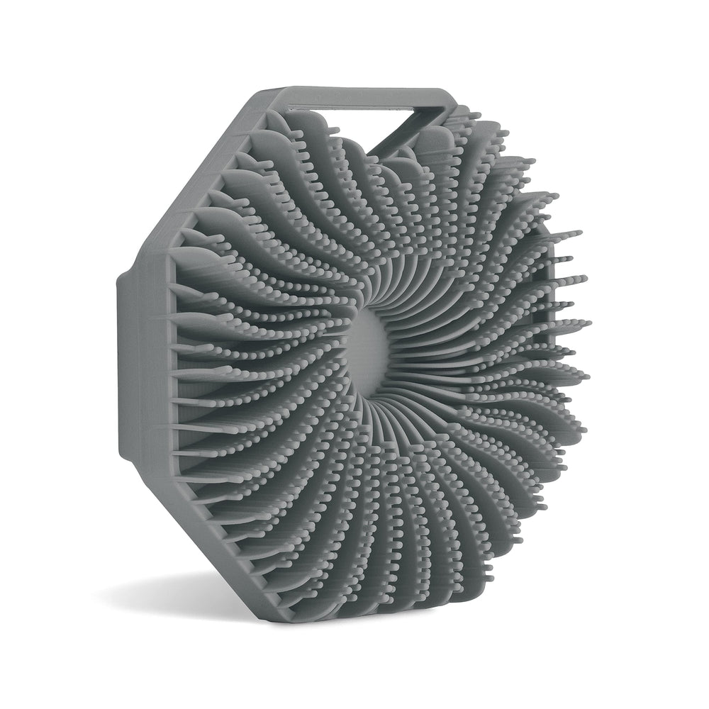 Sud Scrub antimicrobial silicone body scrubber front view in charcoal for durable exfoliation.