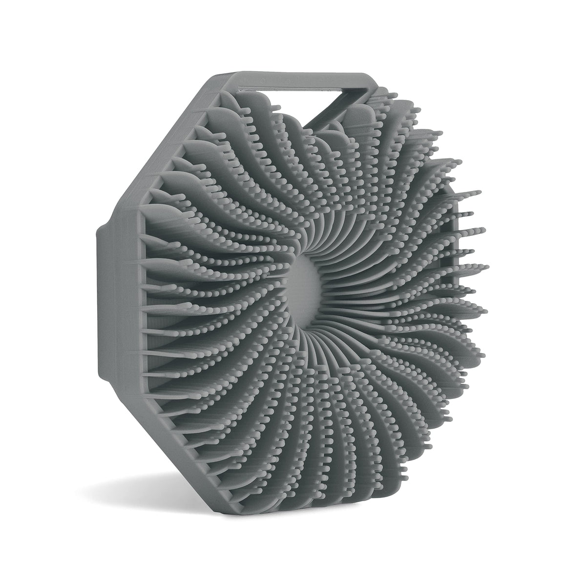 Sud Scrub antimicrobial silicone body scrubber front view in charcoal for durable exfoliation.