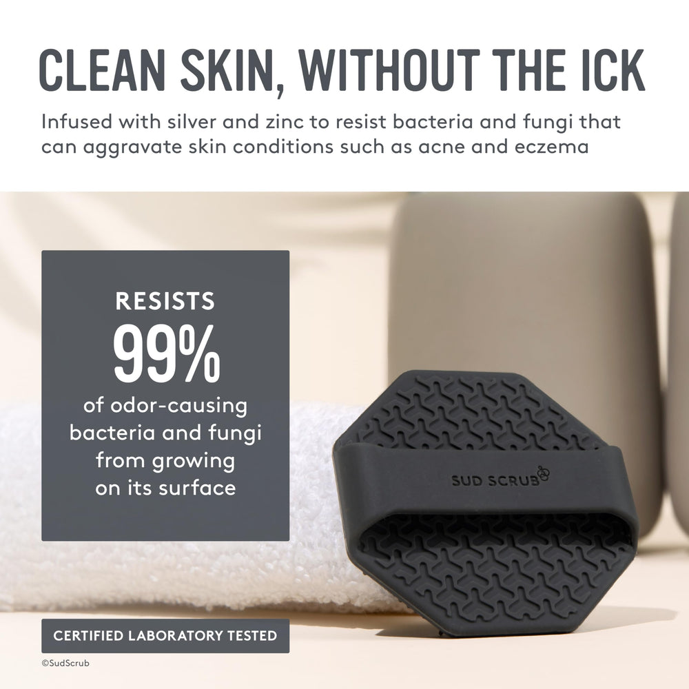Sud Scrub Charcoal bristle closeup highlights soft silicone bristles for pore clearing