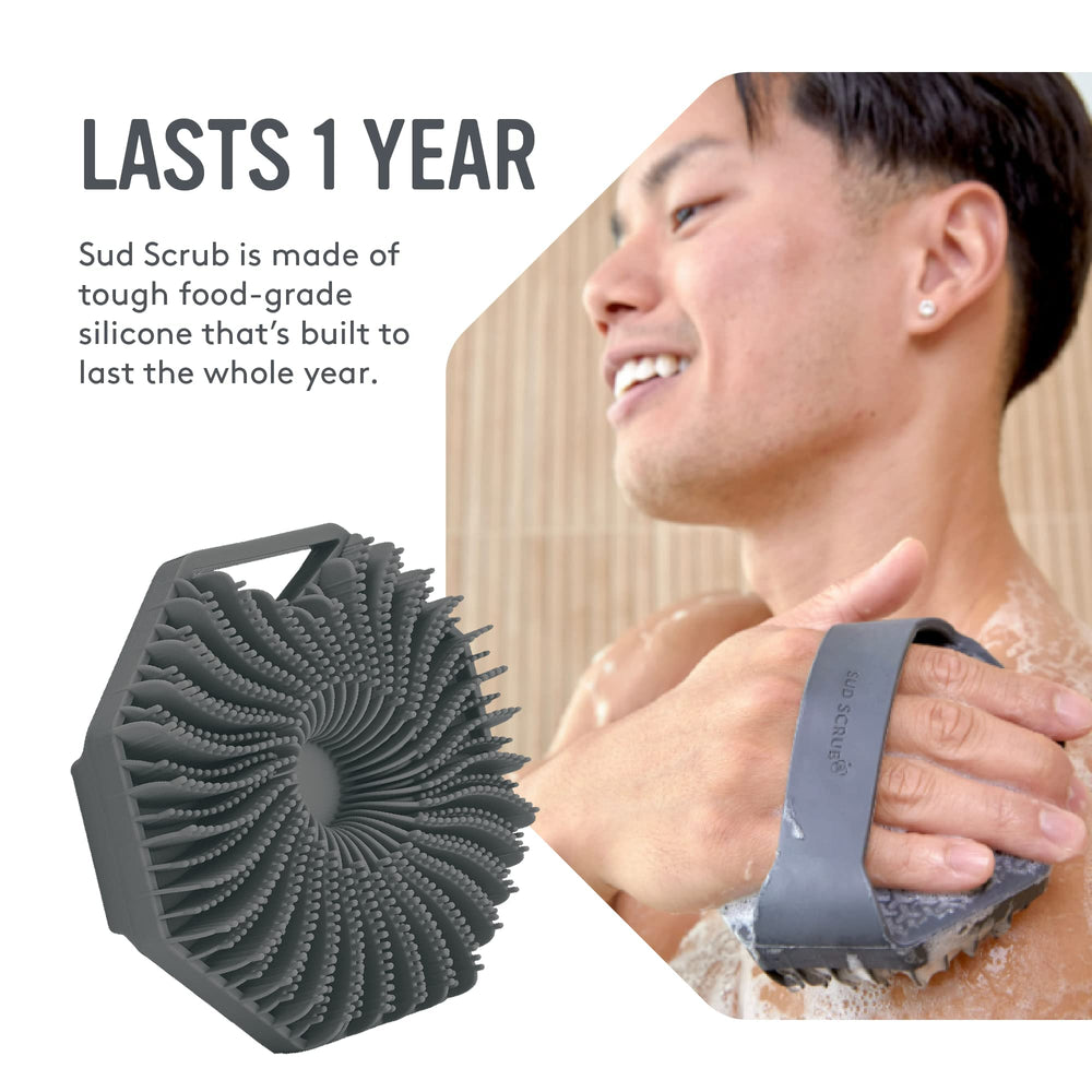 Sud Scrub charcoal silicone body scrubber in shower demonstrates easy rinse after use.