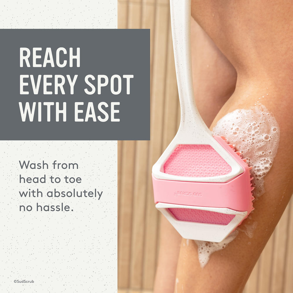 Sud Scrub Extender Handle ergonomic non-slip grip improves comfort during shower scrubbing.