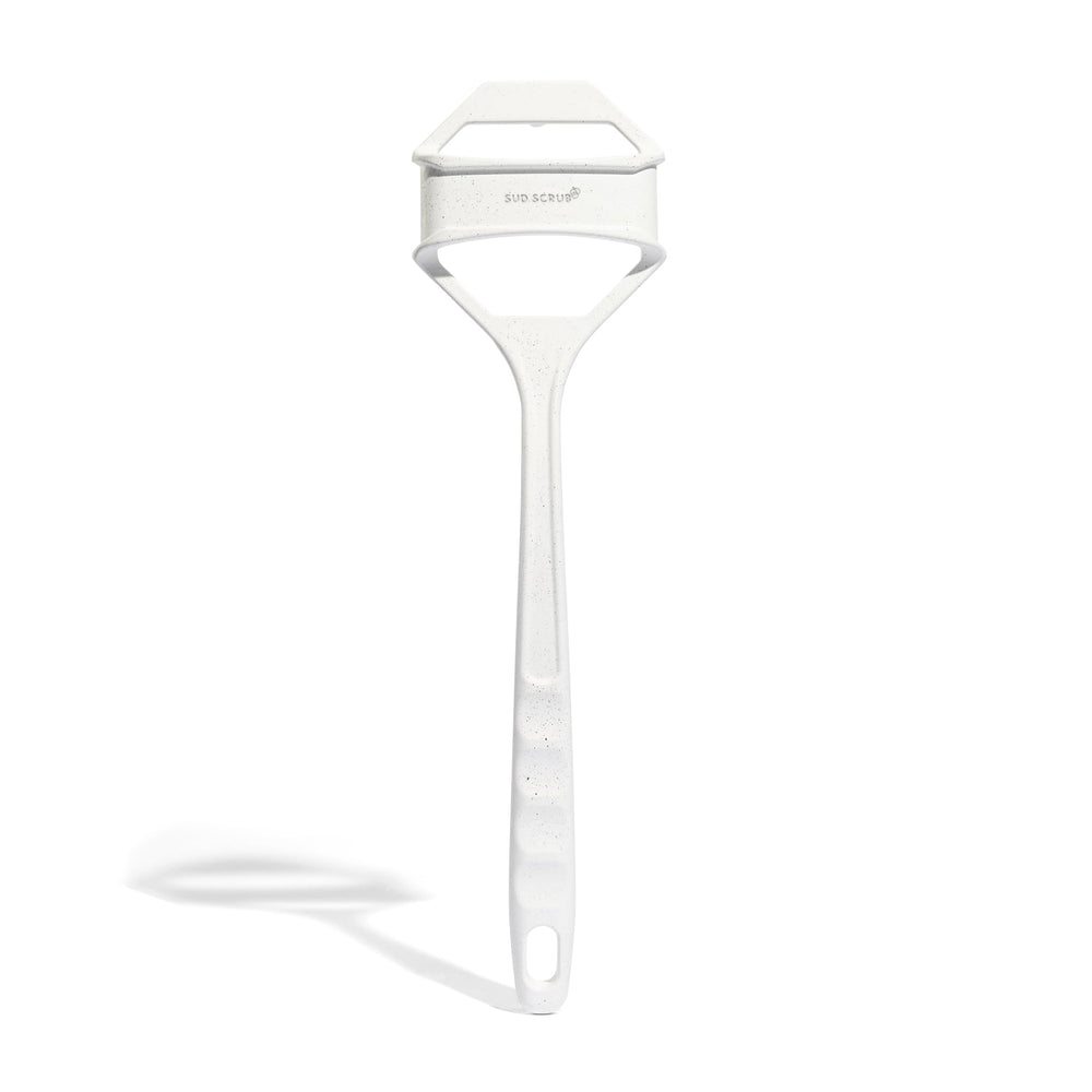 Sud Scrub Extender Handle speckled white close-up shows easy back reach for thorough scrubbing.