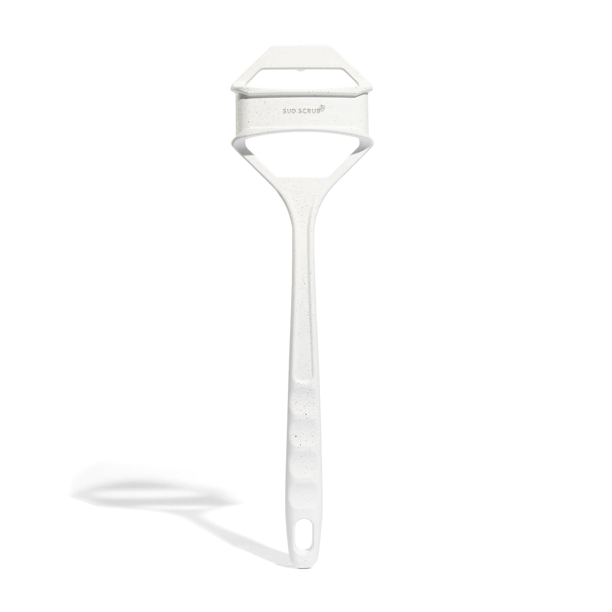 Sud Scrub Extender Handle speckled white close-up shows easy back reach for thorough scrubbing.