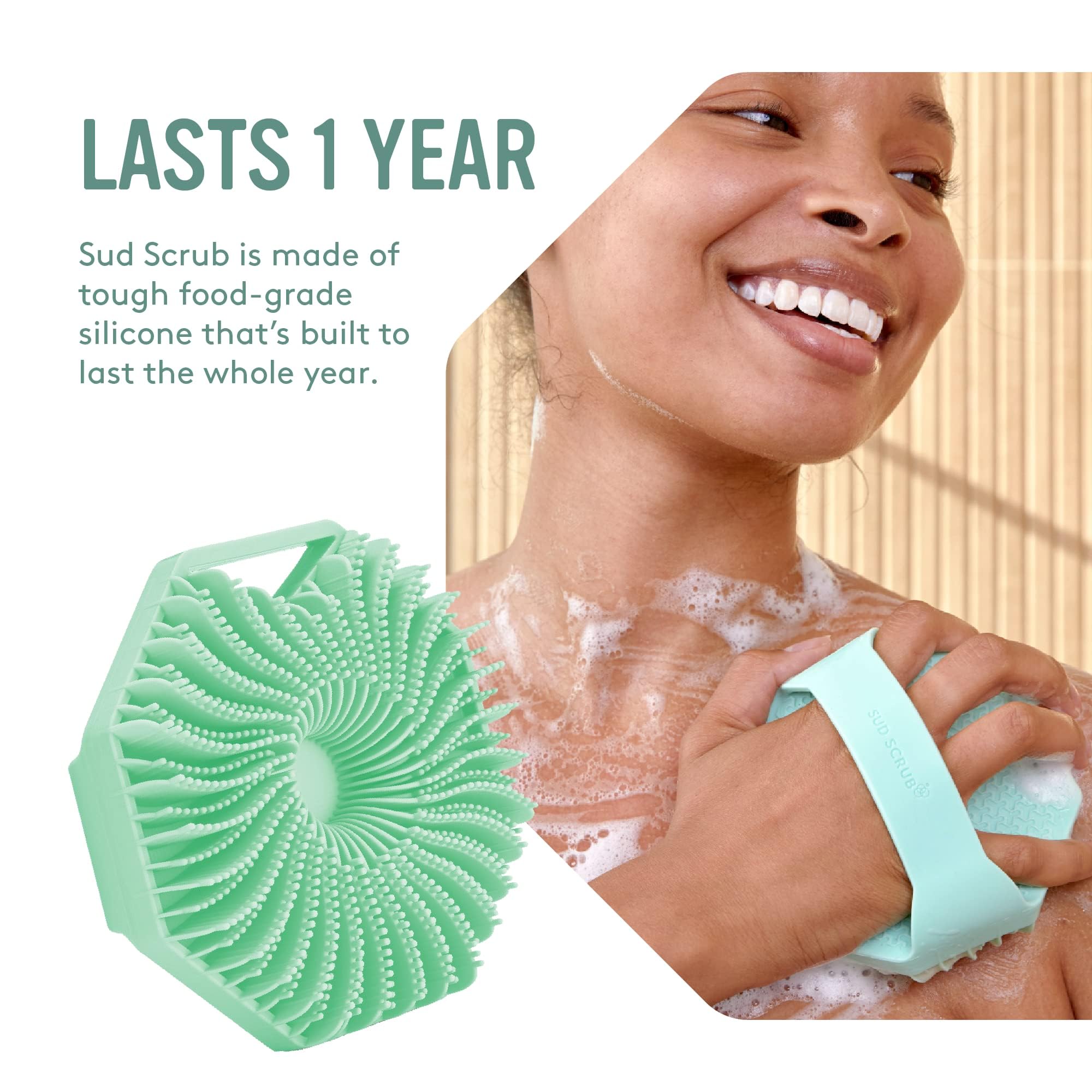 Sud Scrub non-slip grip keeps the silicone scrubber secure while you rinse