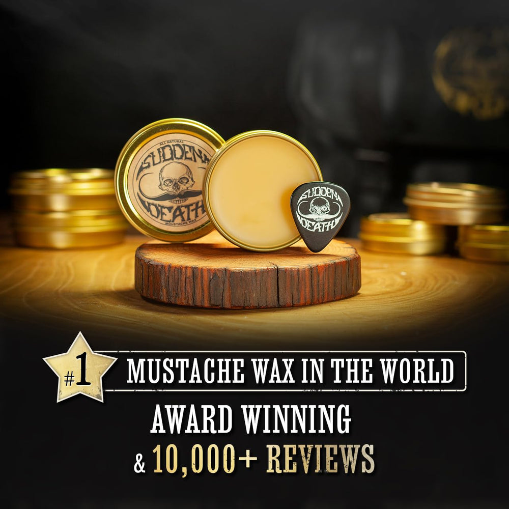 Sudden Death moustache wax packaging tin portrait highlights portable grooming kit.
