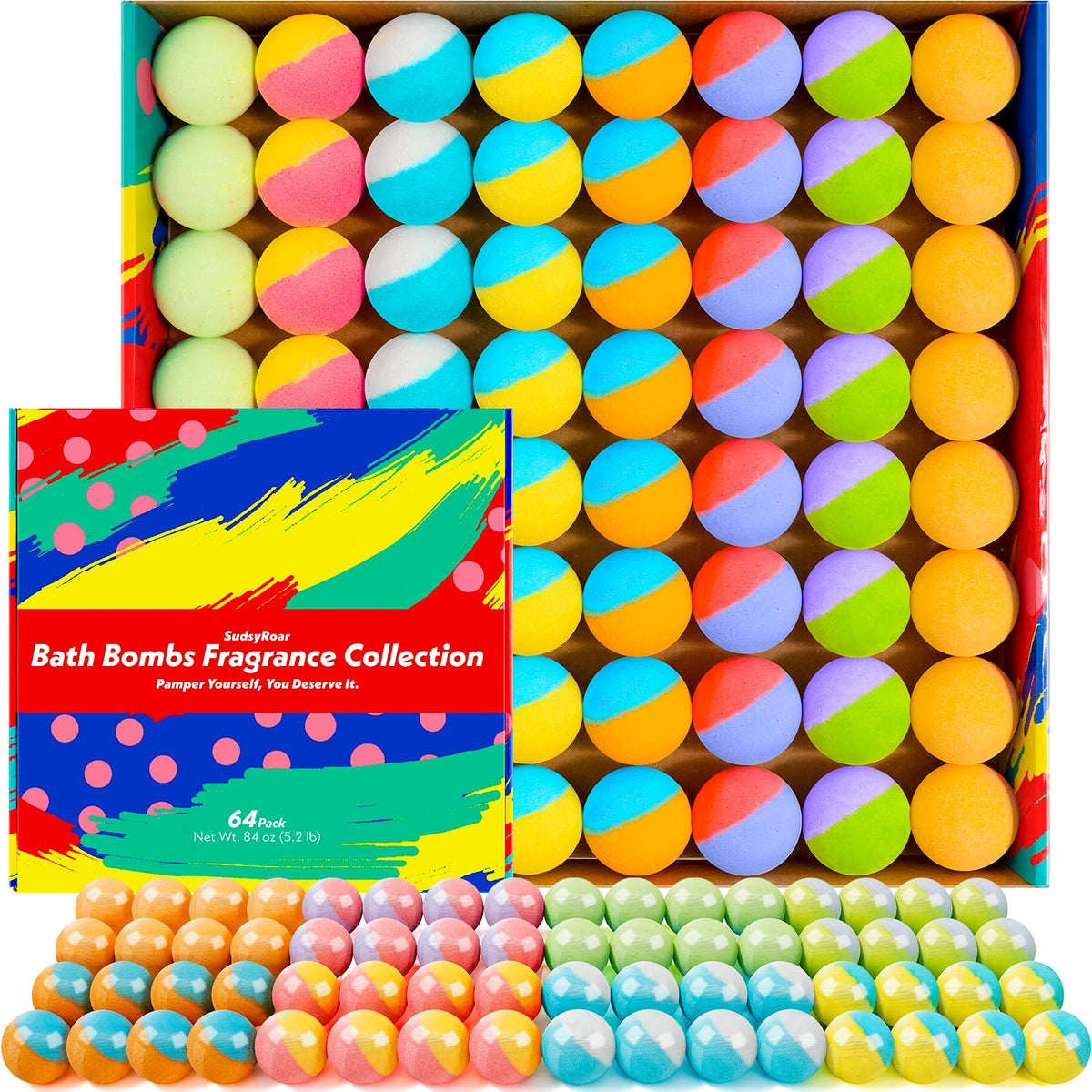 SudsyRoar 64-pack bath bombs pack-front offers value for relaxing soaks.