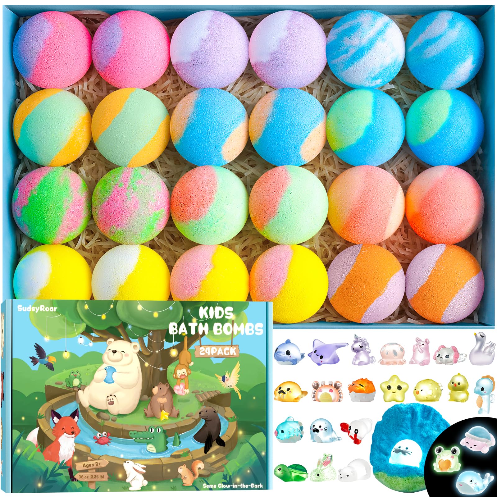 SudsyRoar bath bombs with a surprise toy inside for bath-time treasure hunts.