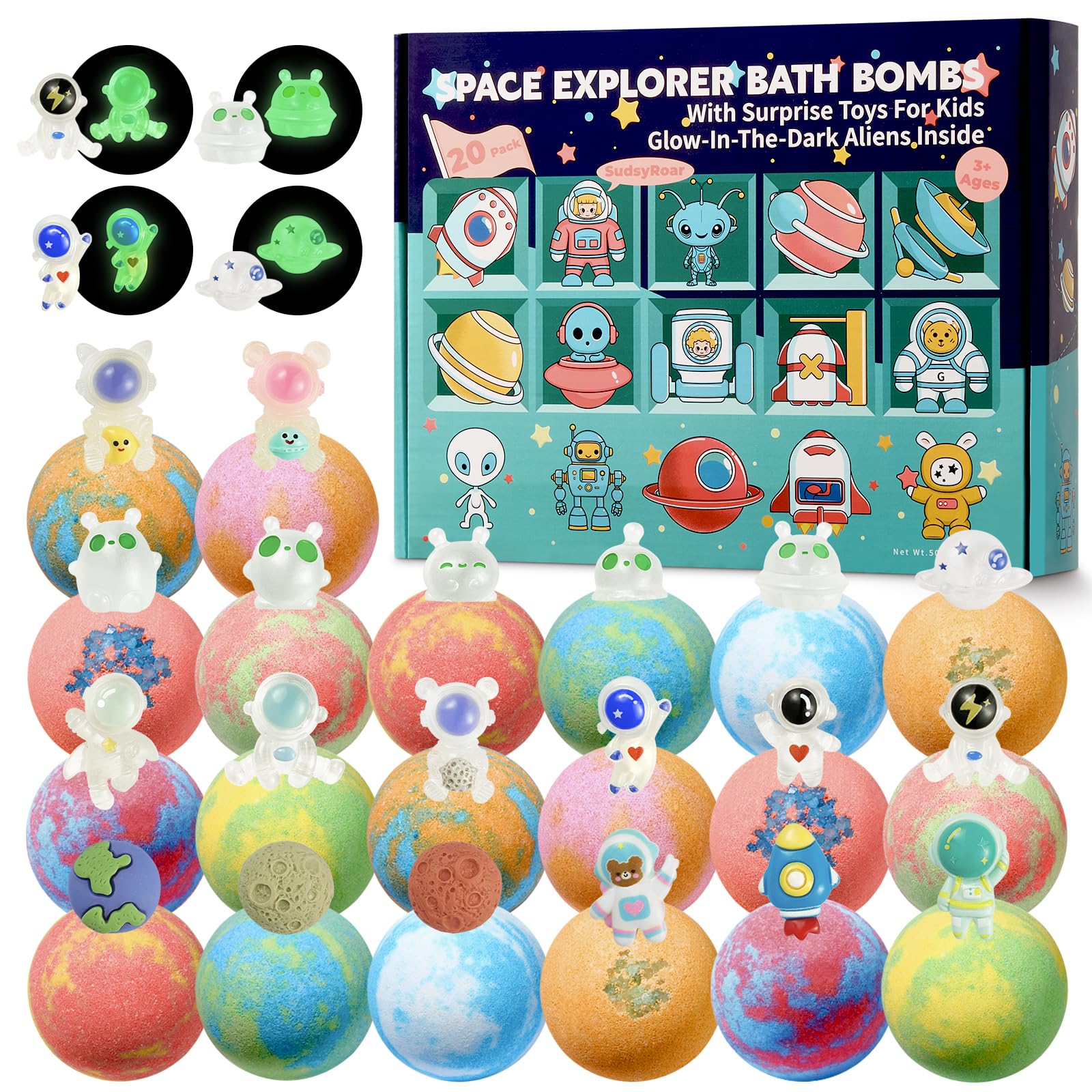 SudsyRoar Galaxy Bath Bombs 20-pack reveals space toys for imaginative bath time play.