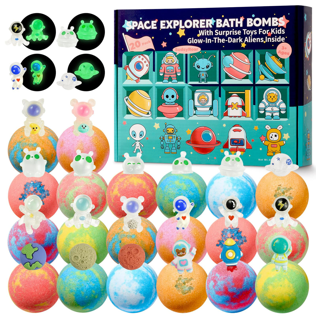 SudsyRoar Galaxy Bath Bombs 20-pack reveals space toys for imaginative bath time play.