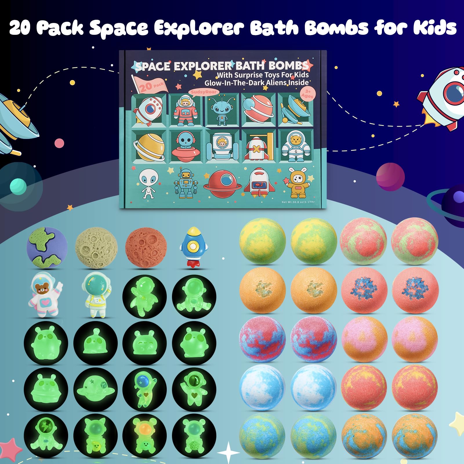 SudsyRoar Glow-in-the-Dark Aliens bath toys light up after bath for bedtime excitement.