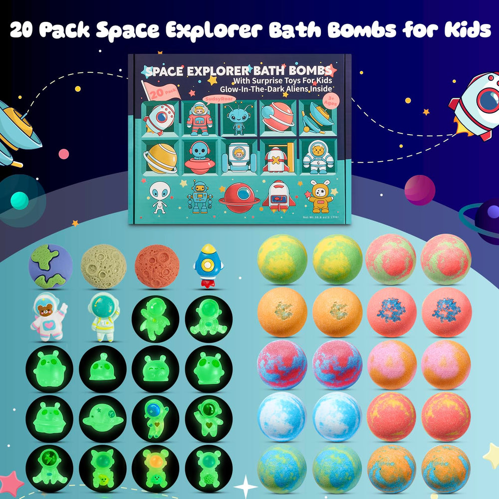 SudsyRoar Glow-in-the-Dark Aliens bath toys light up after bath for bedtime excitement.