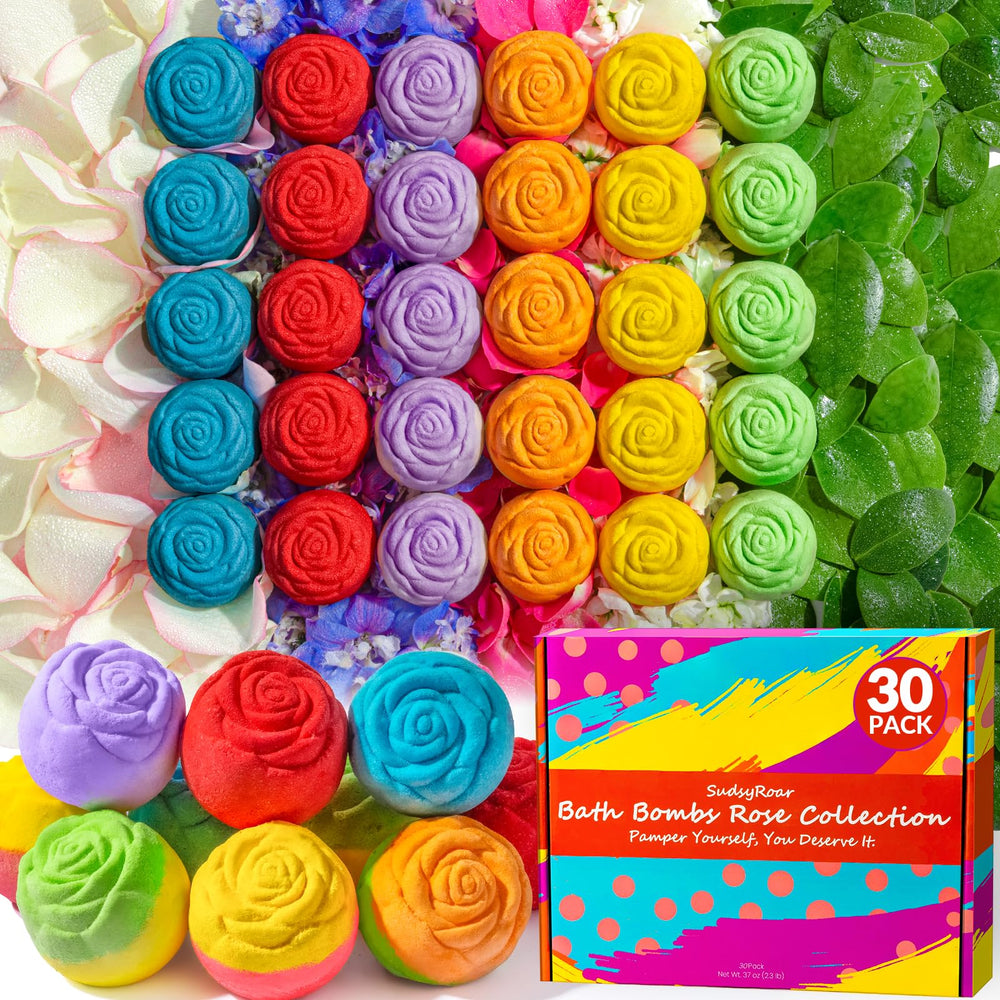 SudsyRoar rose-shaped bath bombs in a 30-pack for a relaxing spa-like soak.