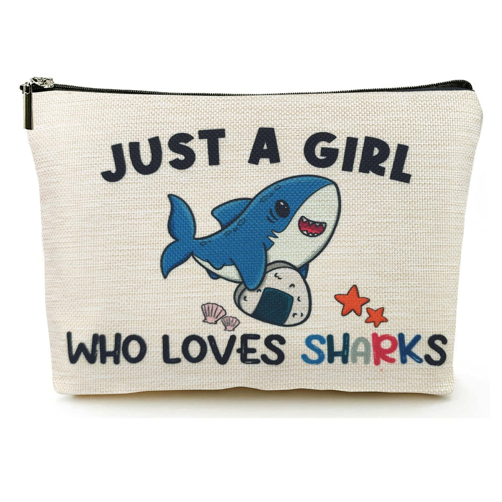 Suemetic shark gifts makeup bag front view showing the Just A Girl Who Loves Sharks design