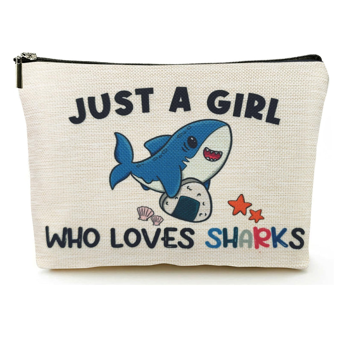 Suemetic shark gifts makeup bag front view showing the Just A Girl Who Loves Sharks design