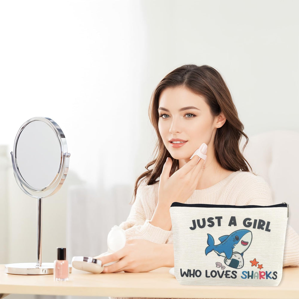 Suemetic shark gifts makeup bag zipper detail demonstrates secure closure for cosmetics