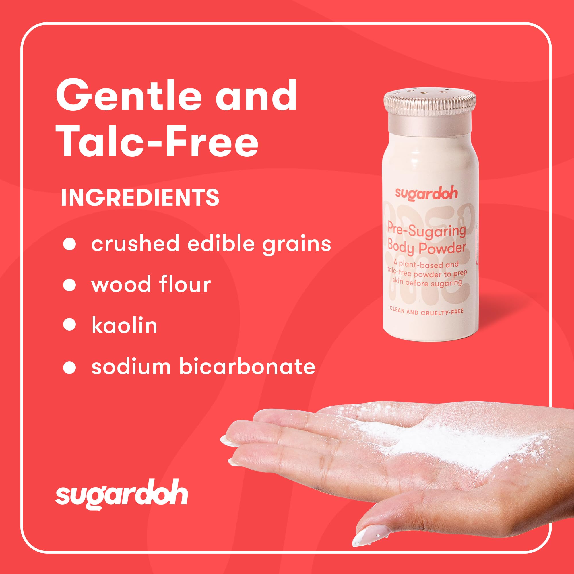 Sugardoh Pre-Wax Powder application scene demonstrates easy prep before sugar waxing.