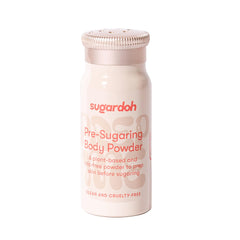 Sugardoh Pre-Wax Powder jar closeup demonstrates talc-free skin prep for smoother waxing.