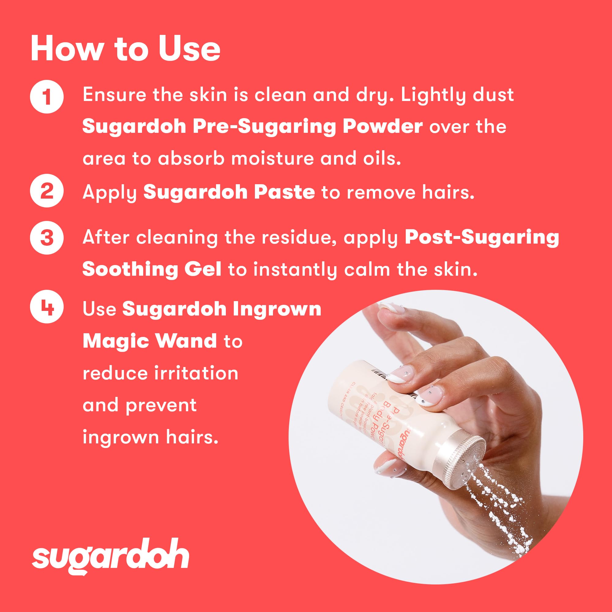Sugardoh Pre-Wax Powder packaging highlights plant-based formula and talc-free promise.