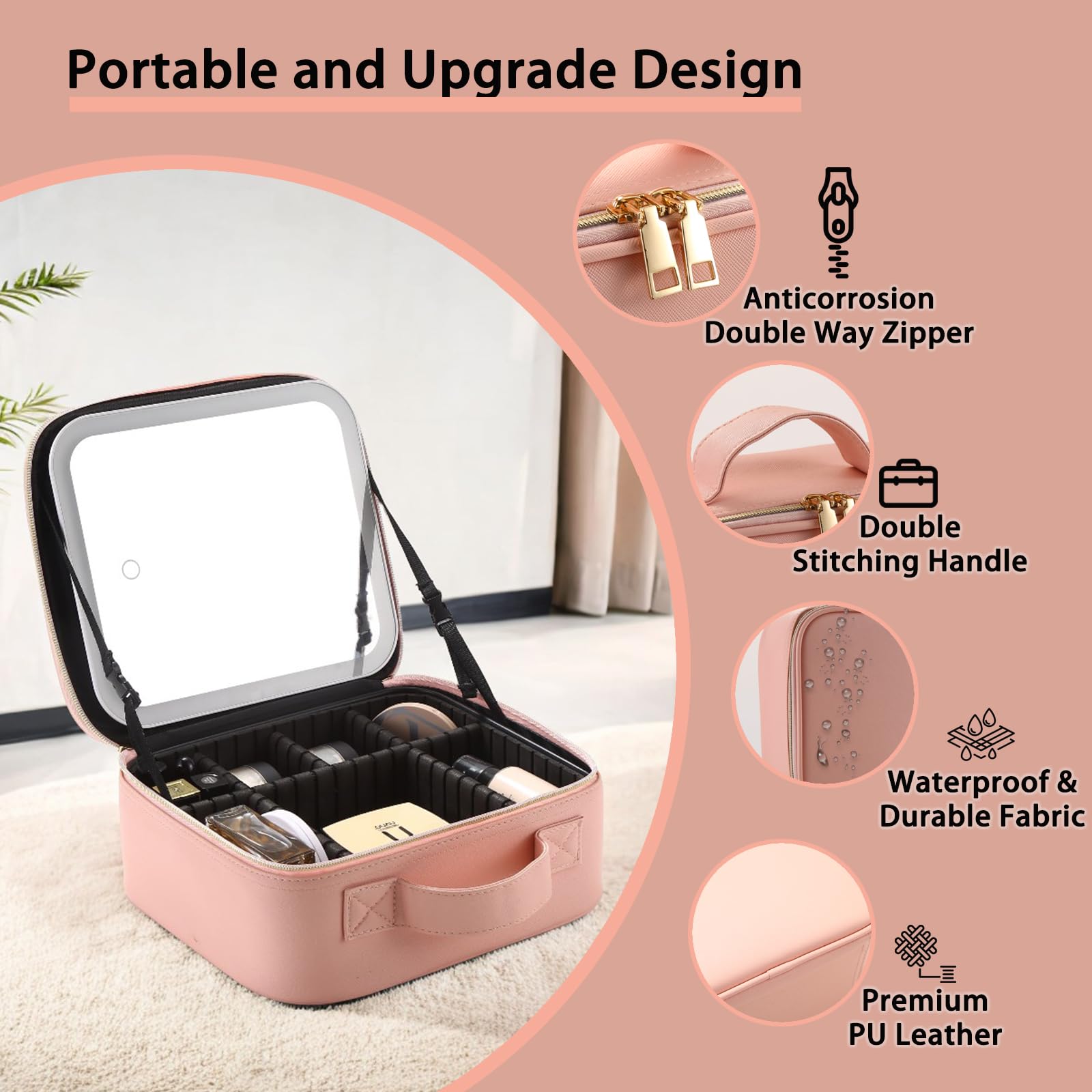 SUILU makeup bag dimensions indicating fit for cosmetics and brushes