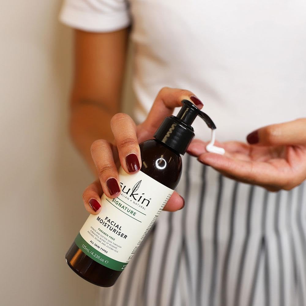 Sukin moisturizer ingredients close-up highlighting rosehip and wheat germ nourishing properties
