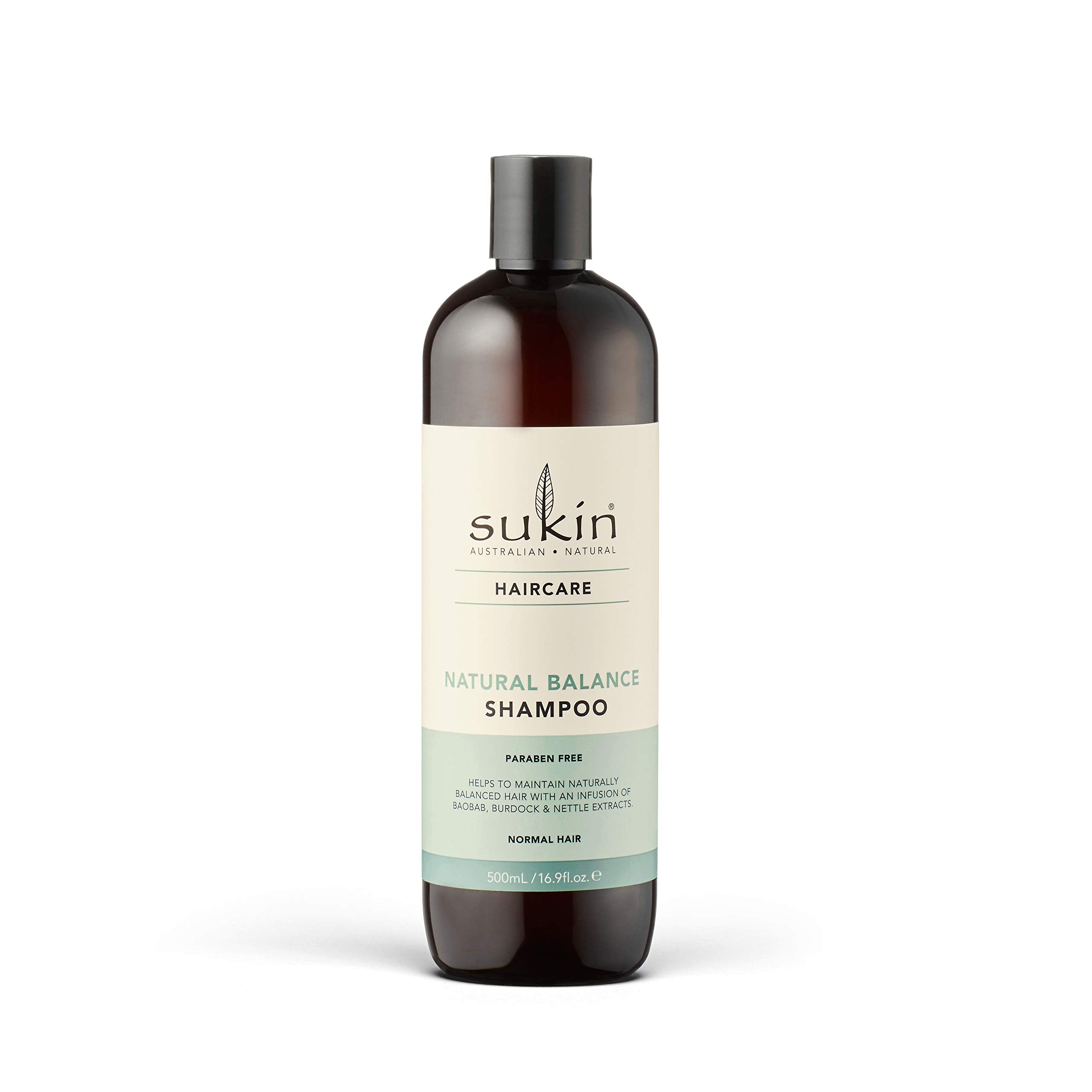 Sukin Natural Balance Shampoo bottle highlights a paraben-free vegan formula for normal hair.