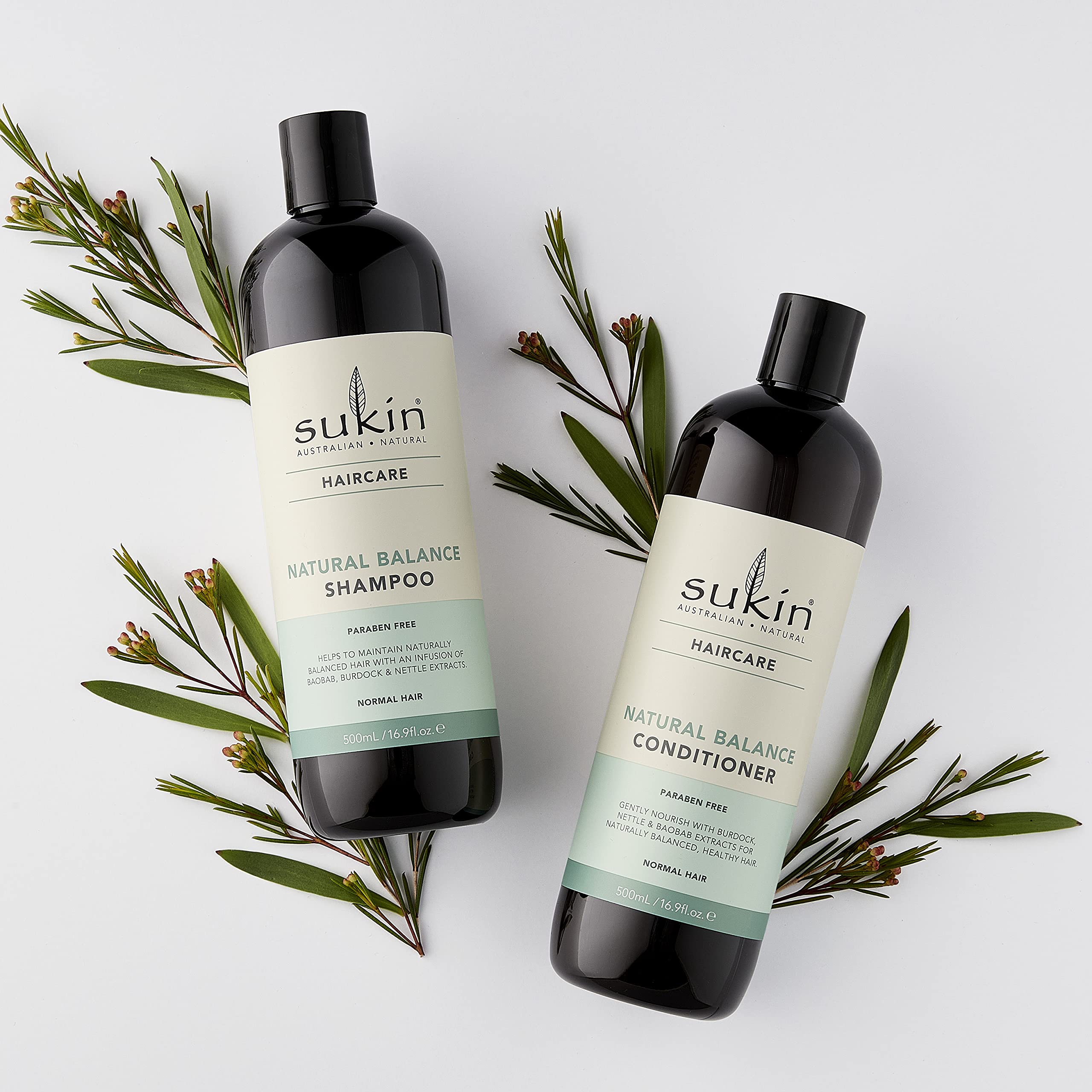Sukin Natural Balance Shampoo label emphasizes natural ingredients and Australian-made quality.