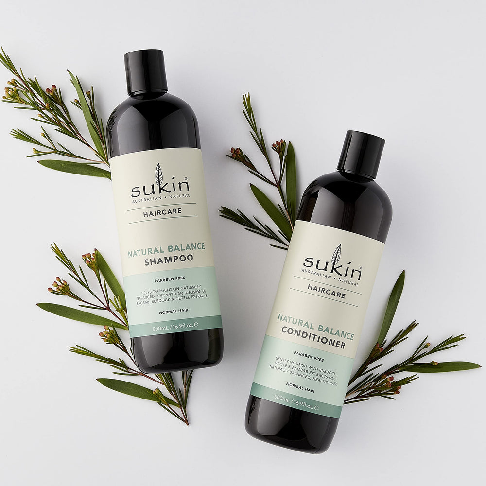 Sukin Natural Balance Shampoo label emphasizes natural ingredients and Australian-made quality.
