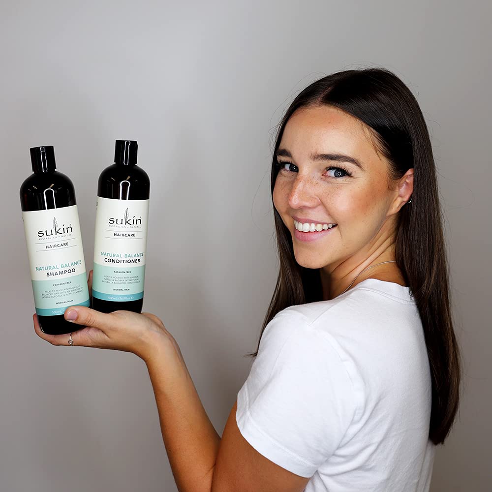 Sukin Natural Balance Shampoo packaging presents eco-conscious design aligned with vegan, natural care.