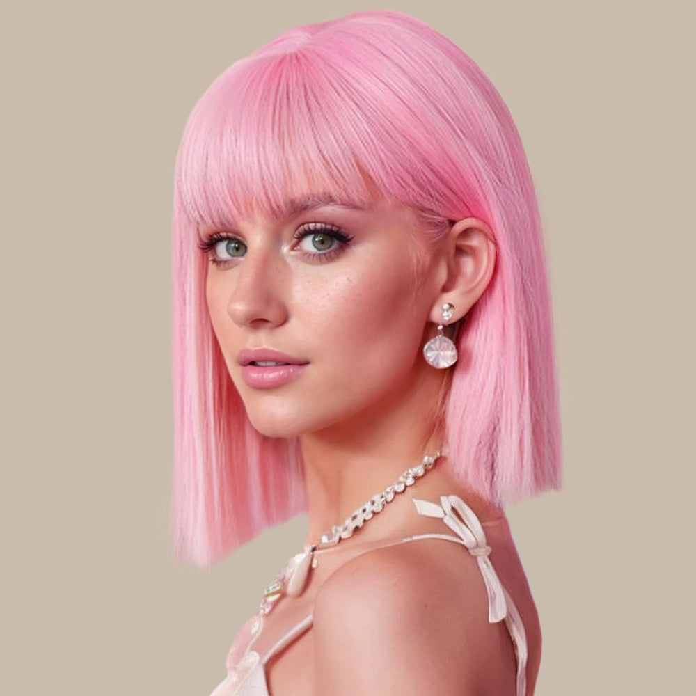 SUKRI pink bob wig with bangs in 12-inch style for daily wear