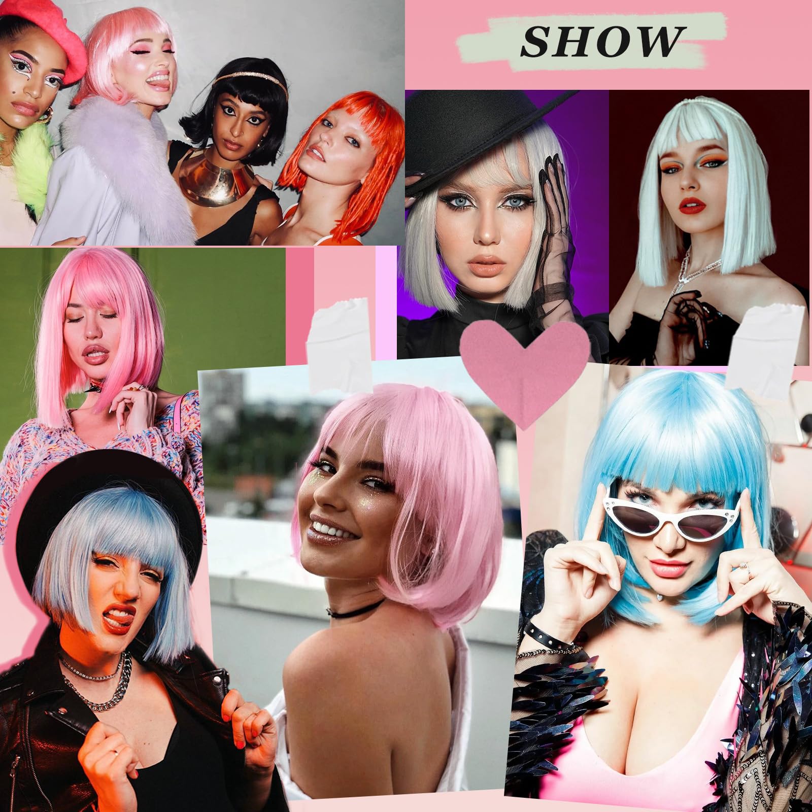 SUKRI pink bob wig bangs cap detail highlights adjustable fit