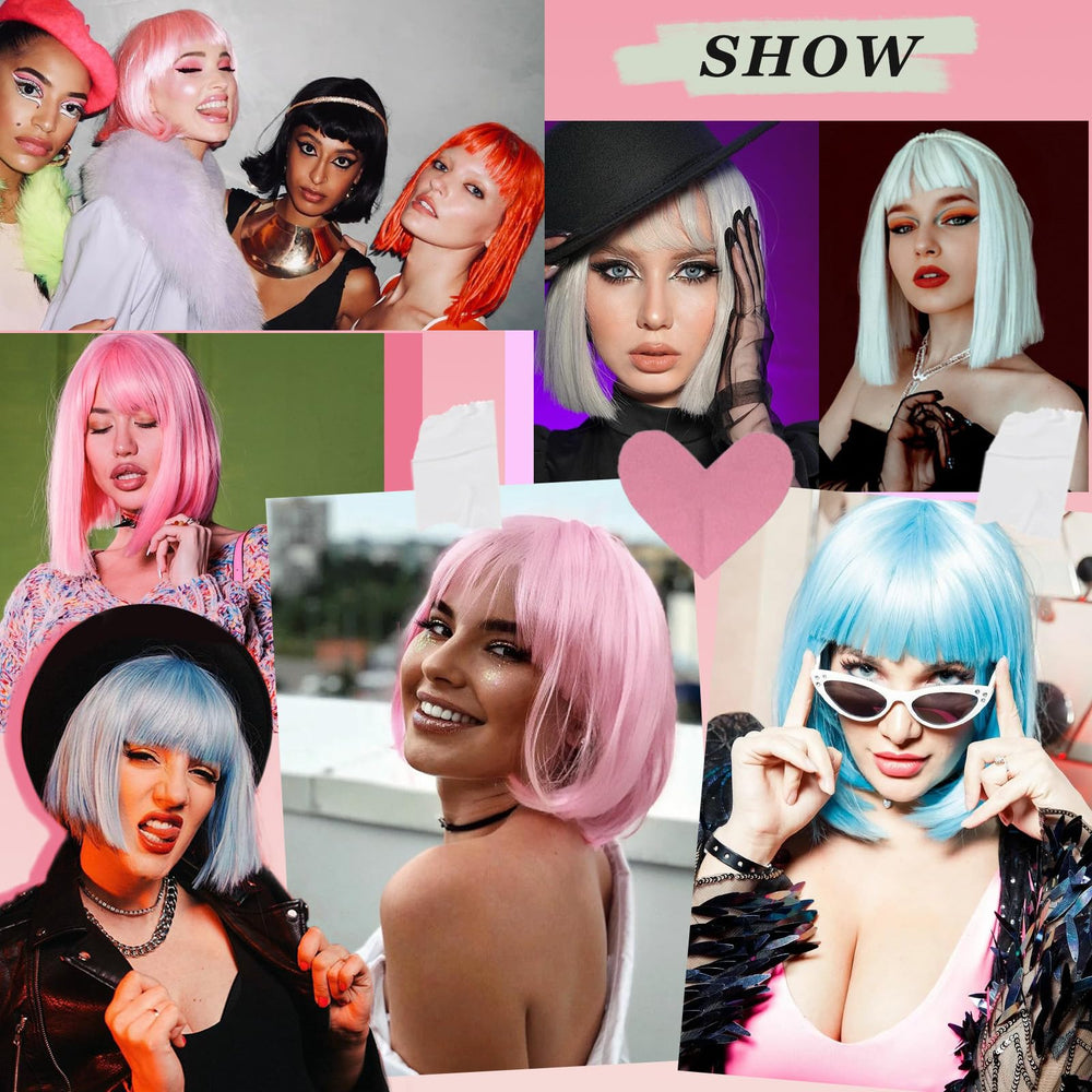 SUKRI pink bob wig bangs cap detail highlights adjustable fit