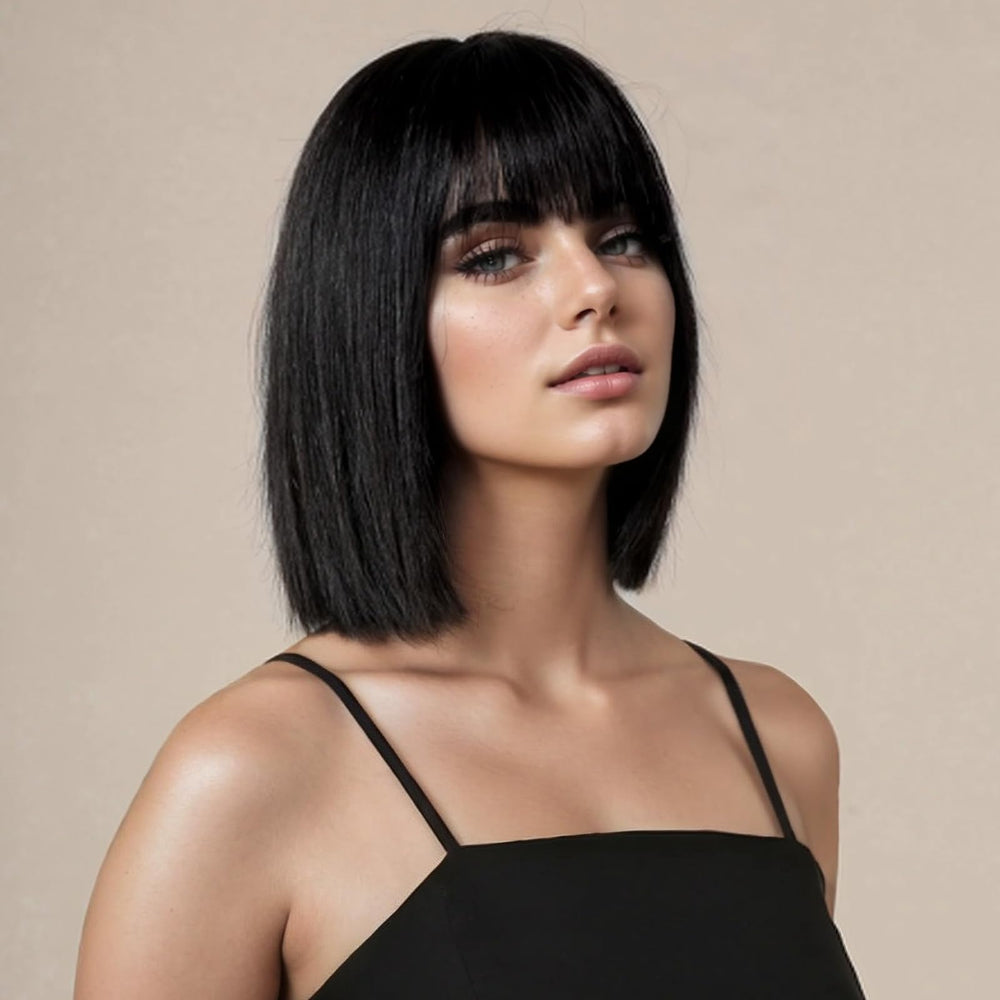 SUKRI short black straight wig with bangs, front view for natural everyday wear.
