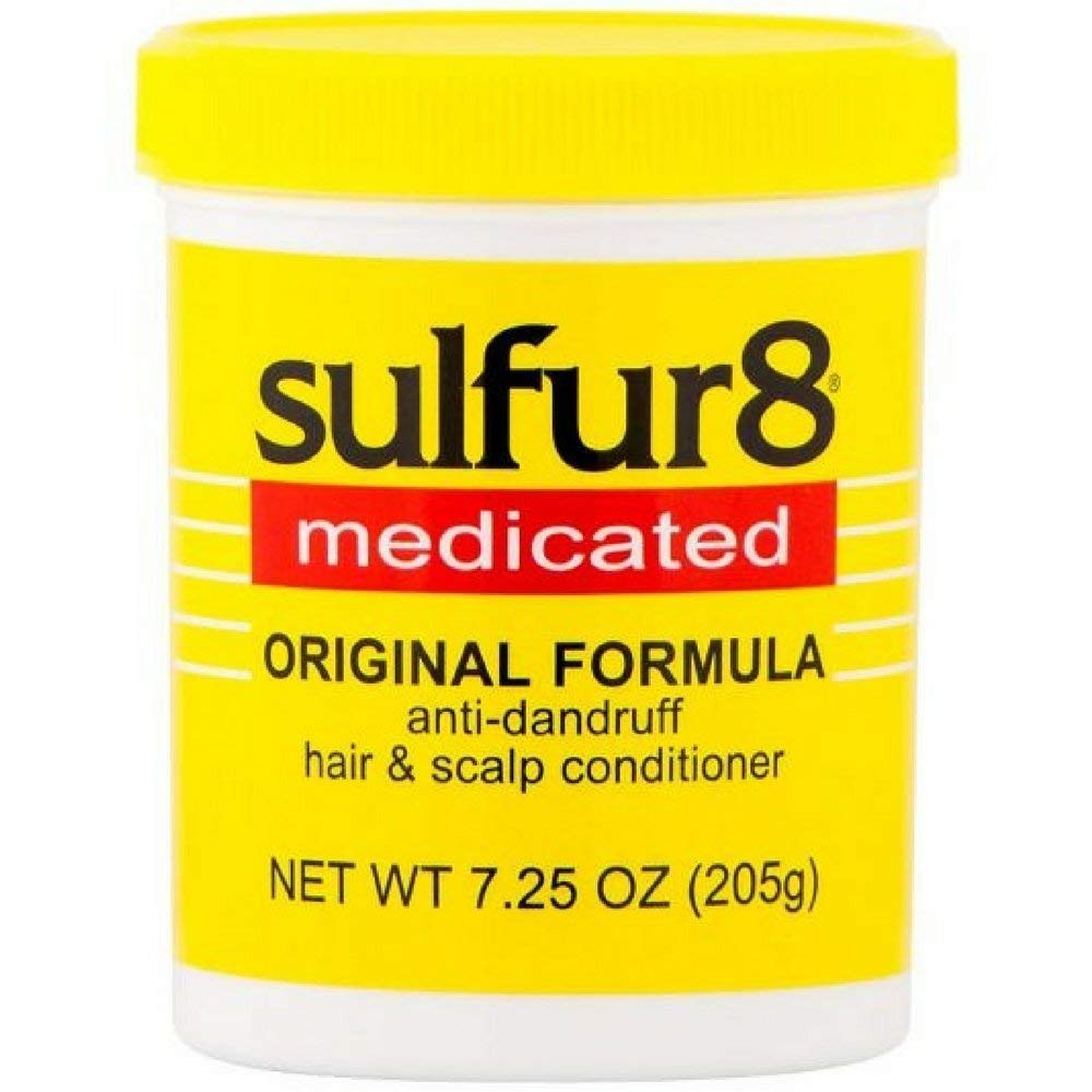 Sulfur-8 Original Conditioner jar close-up showing scalp care and anti-dandruff benefits.