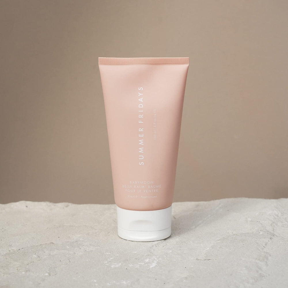 Summer Fridays Babymoon Belly Balm packaging highlighting ingredients and safe stretch-prone care.