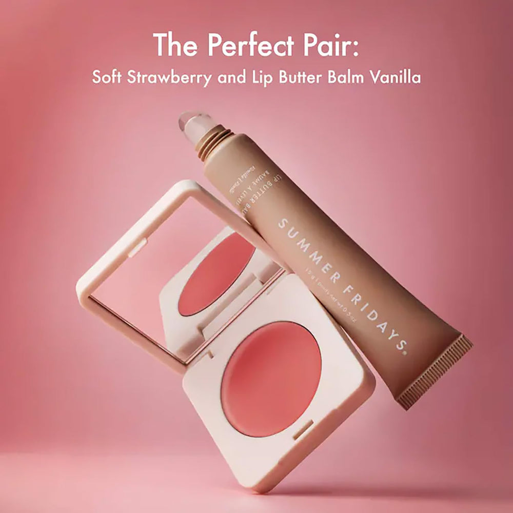 Summer Fridays Blush Butter Balm hydration glow shot shows dewy finish
