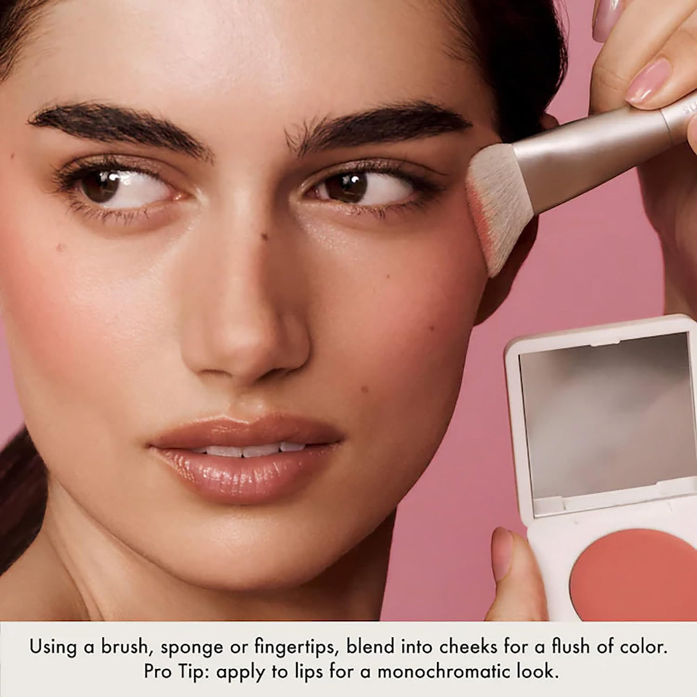 Summer Fridays Blush Butter Balm lip and cheek tint application on cheek for dewy glow