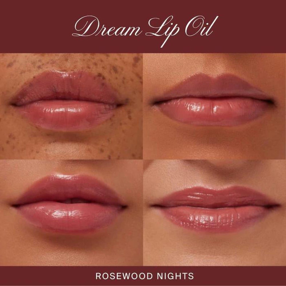 Summer Fridays Dream Lip Oil Rosewood Nights wand application on lips for soft moisture