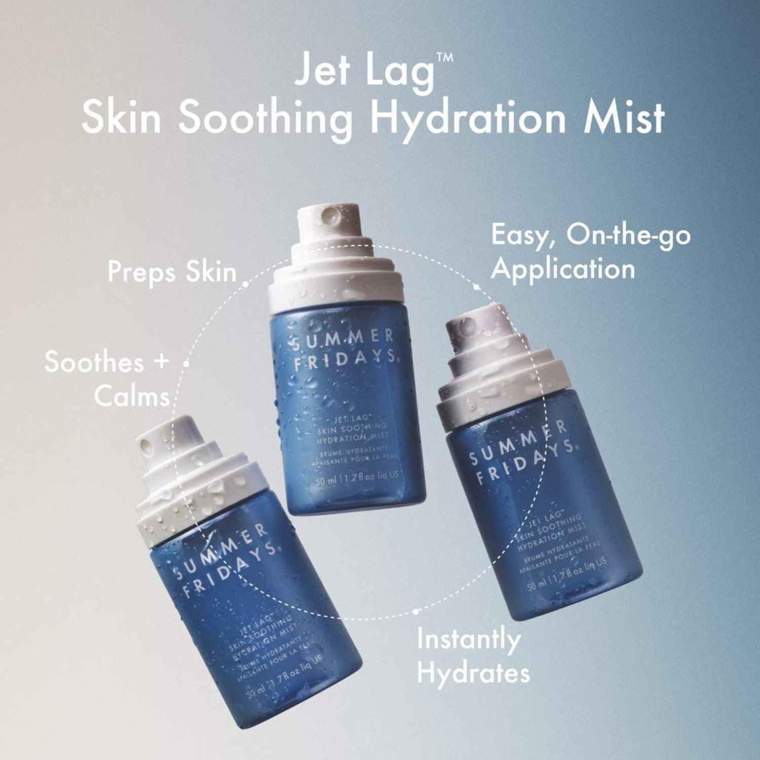 Summer Fridays Jet Lag Face Mist apply to the face for dewy skin.