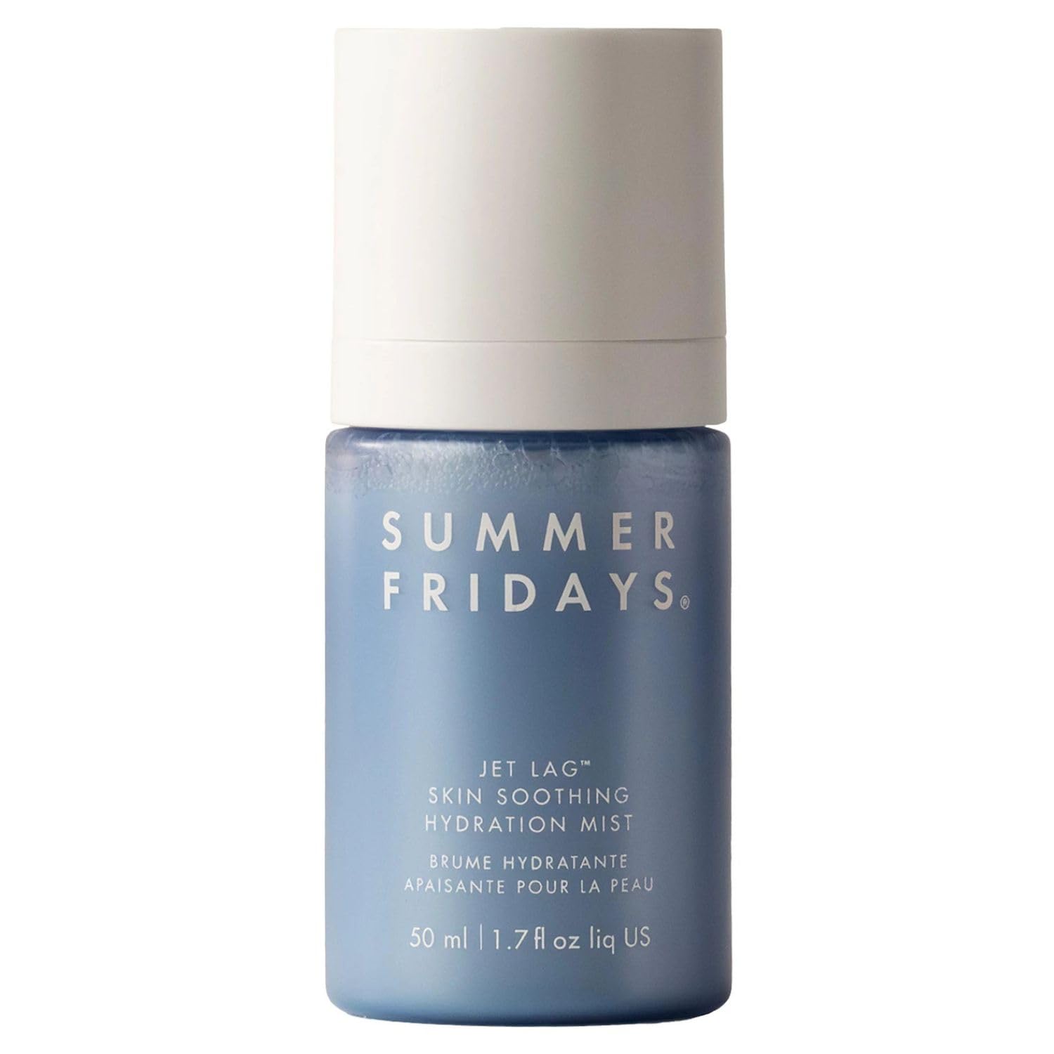 Summer Fridays Jet Lag Face Mist bottle closeup for soothing hydration.