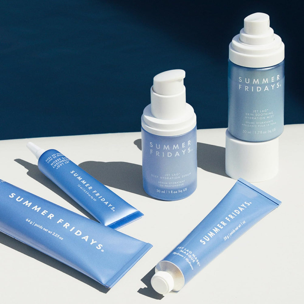 Summer Fridays Jet Lag Face Mist with green tea and vitamin E for antioxidant care.