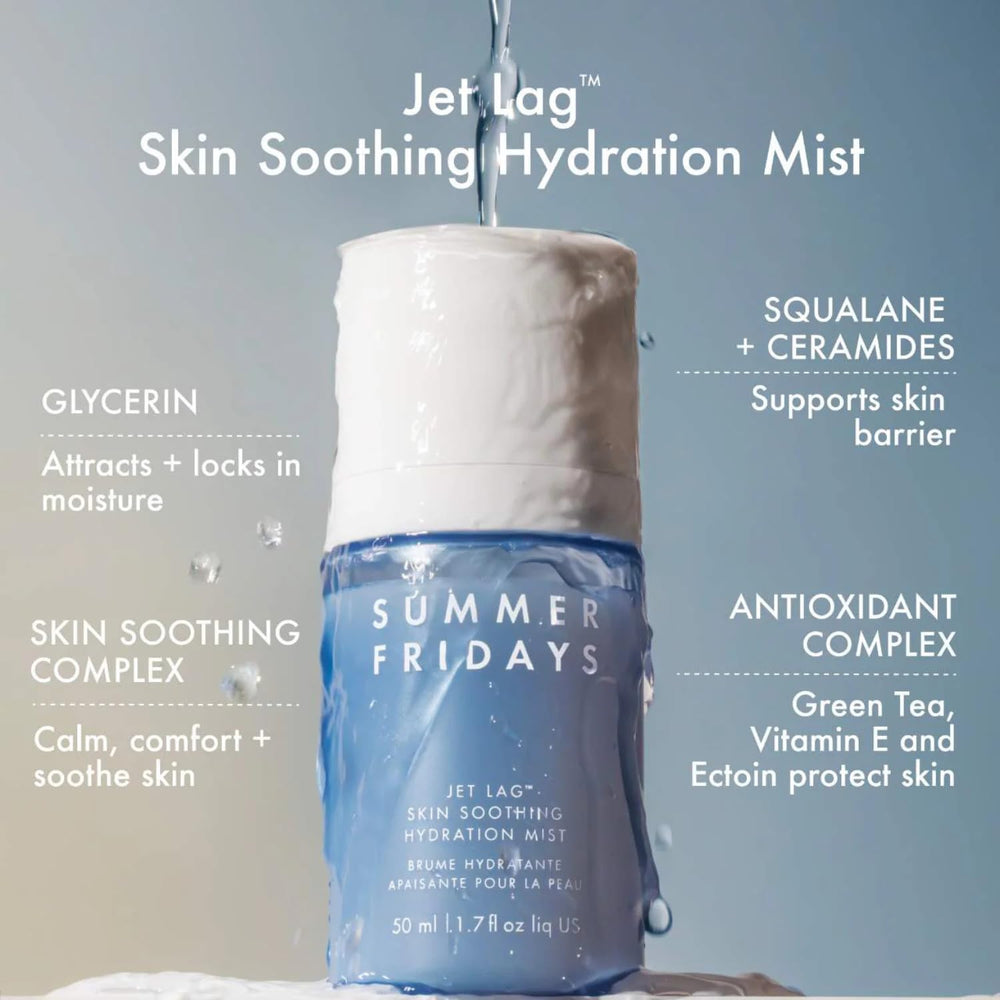 Summer Fridays Jet Lag Hydration Mist spritz delivers cooling moisture.
