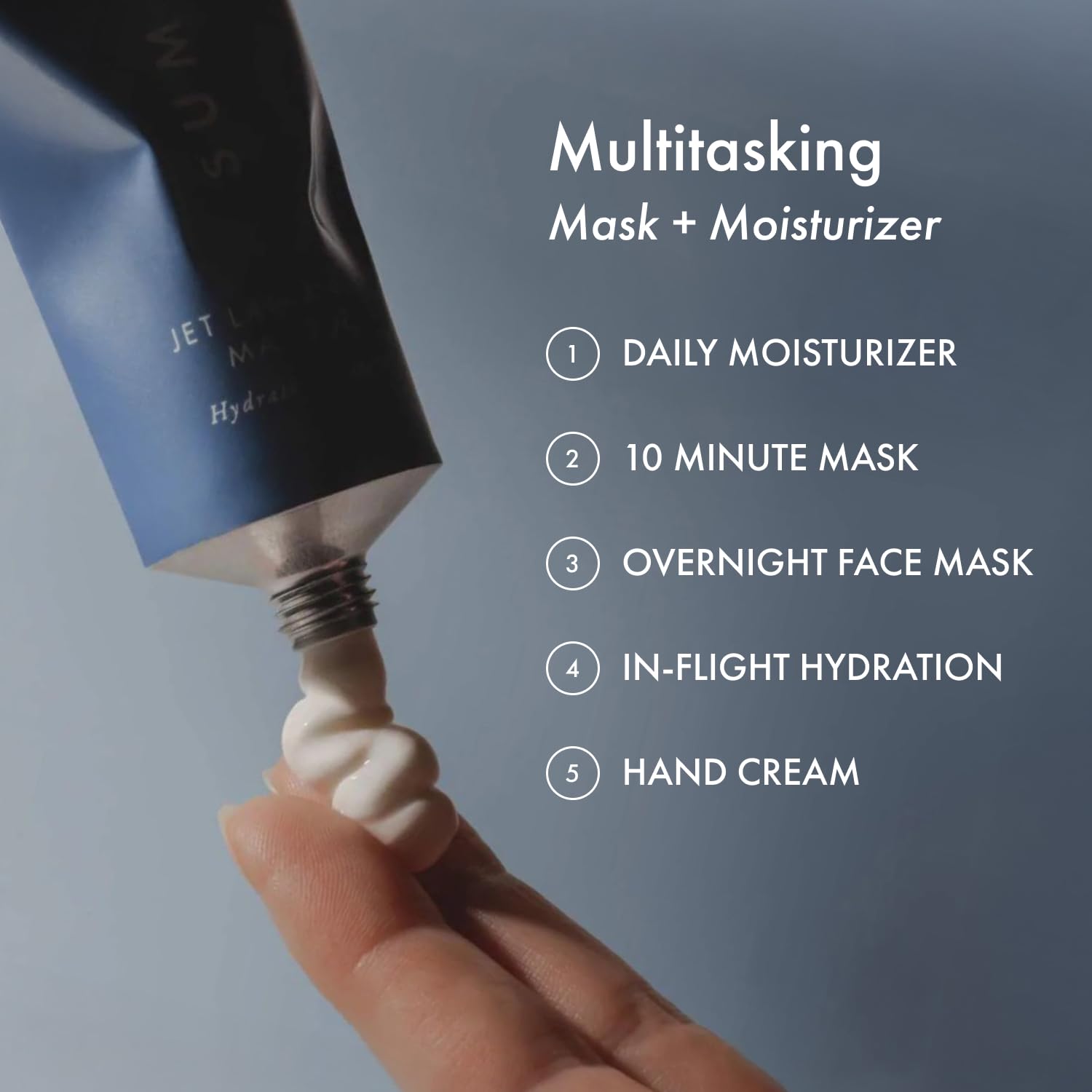 Hand applying Jet Lag Mask to illustrate moisture boost and versatility